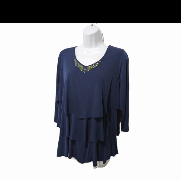 Susan Graver Beaded Tiered Liquid Knit Babydoll Tunic Top L Mature Artsy #2 - Picture 2 of 8